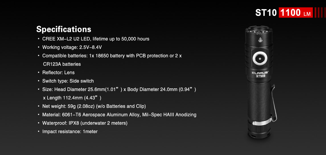Klarus Flashlight lygte, ST10, 1100 lumens 4