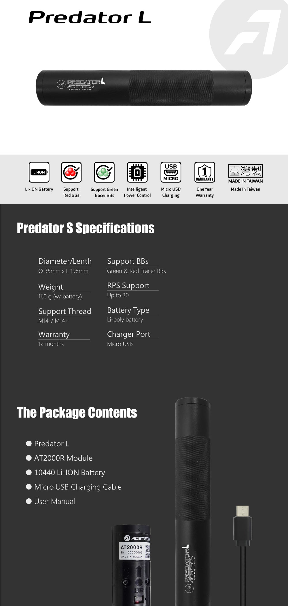 Acetech - Predator L Tracer Unit 14mm CCW/CW, sort 8
